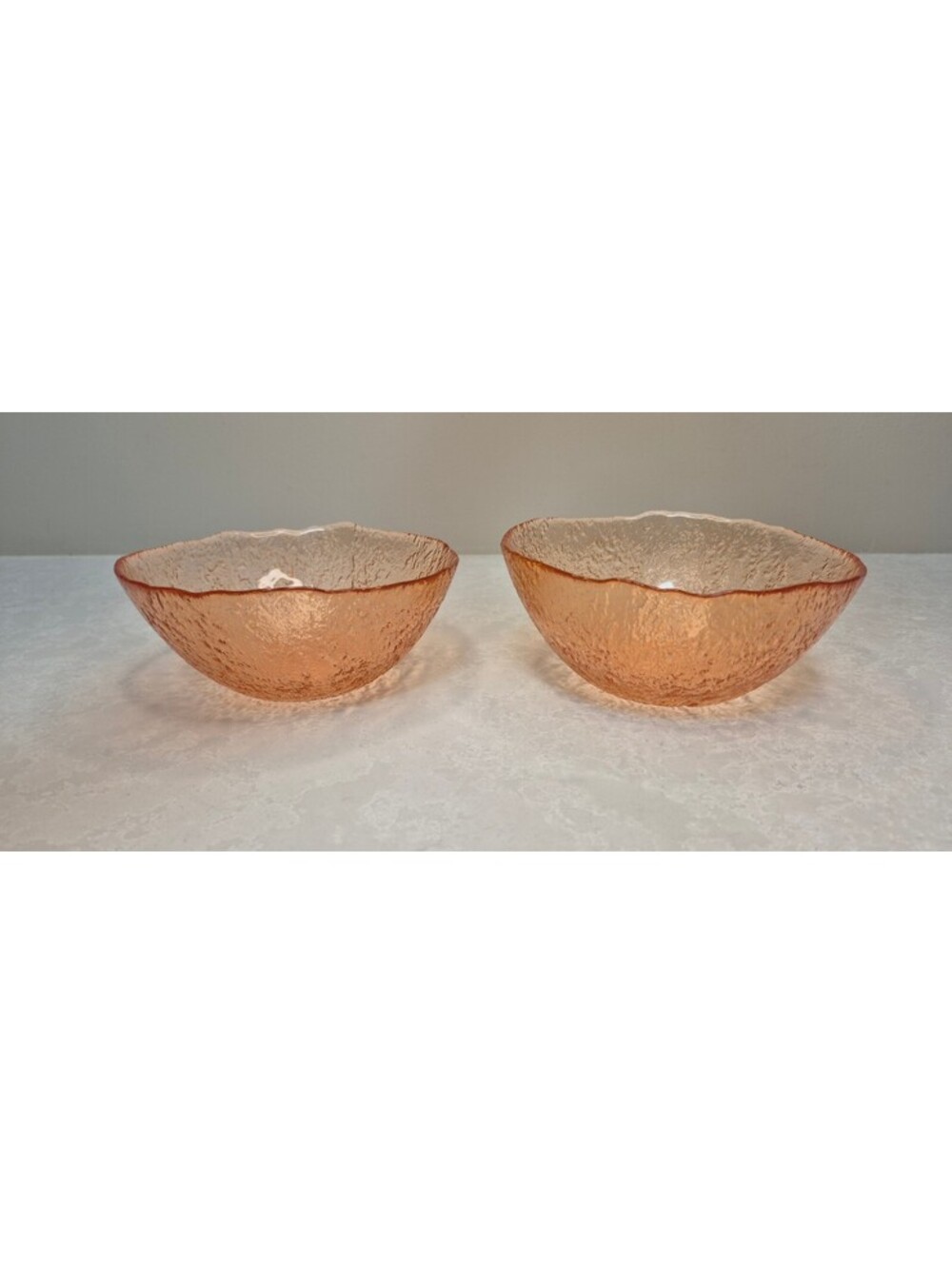 Vintage Pink Ice Glass Textured Dessert Bowls Wavy Rim Set of 2